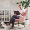 Nursery Rocking Glider Chair, Teddy Fabric Upholstered with High Back & Wood Legs, Pink - Image 3