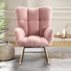 Nursery Rocking Glider Chair, Teddy Fabric Upholstered with High Back & Wood Legs, Pink - Image 4