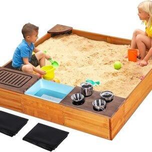 Sandbox with Cover & Kitchen Playset, Outdoor Sandpit with Liner, Grill & Accessories, Toddler Gift