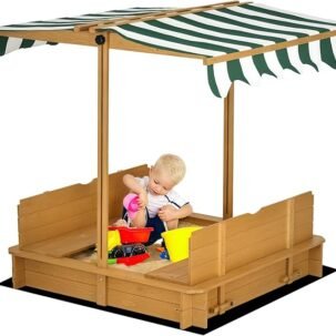 Wooden Sandbox with Lid, Canopy & Benches, Sand Protection, 47x47 in, Kids 3-7