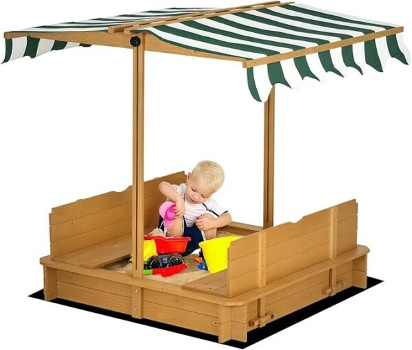 Wooden Sandbox with Lid, Canopy & Benches, Sand Protection, 47x47 in, Kids 3-7