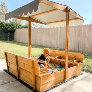 Sandbox with Lid – 47.2" Outdoor Sand Pit, 2 Foldable Benches, UV Resistant Adjustable Roof, Ages 4-8