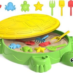 Toddlers Turtle Sandbox with Lid – 8PCS Sand Molds & Shovels, Indoor/Outdoor Sensory Playset for Kids 3+