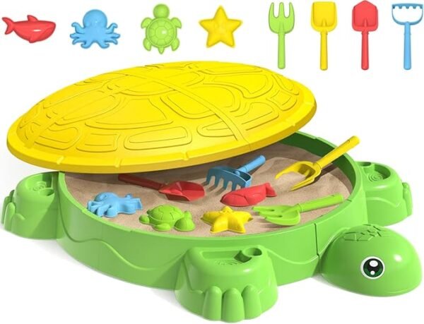 Toddlers Turtle Sandbox with Lid – 8PCS Sand Molds & Shovels, Indoor/Outdoor Sensory Playset for Kids 3+