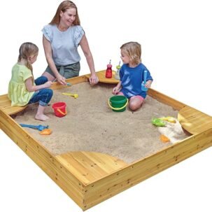 Wooden Sandbox with Corner Seating & Mesh Cover, Outdoor Kids Furniture, Honey (Ages 2-8)