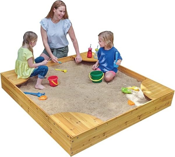 Wooden Sandbox with Corner Seating & Mesh Cover, Outdoor Kids Furniture, Honey (Ages 2-8)