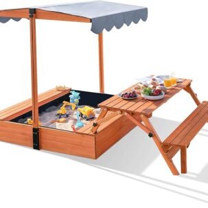 Wooden Kids Sandbox with Lid, Foldable Sandpit, Canopy, Adjustable Roof, Liner Included