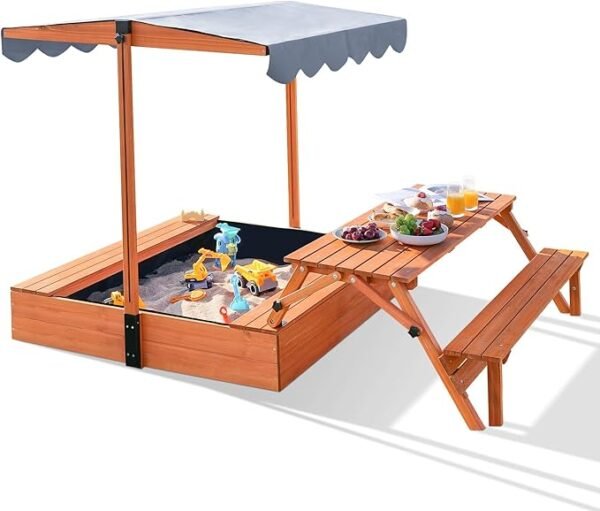 Wooden Kids Sandbox with Lid, Foldable Sandpit, Canopy, Adjustable Roof, Liner Included