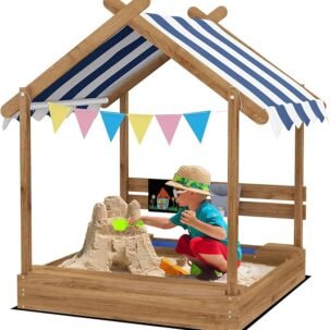 Wooden Sandbox with Canopy – Kids Sand Pit Playset with Liner & Blackboard, 49"x46"x57.5"