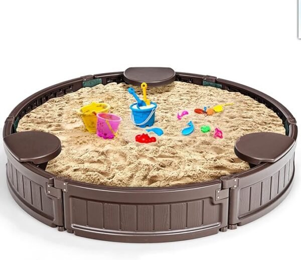 4FT Round Sandbox – Outdoor Sandpit with Waterproof Cover, Bottom Liner, Corner Seating for 3 Kids, Easy Assembly