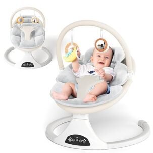 Electric Baby Swing with Remote – 5 Motion Speeds, Detachable Seat Pad, Portable Beige (0-12M, 27lbs)