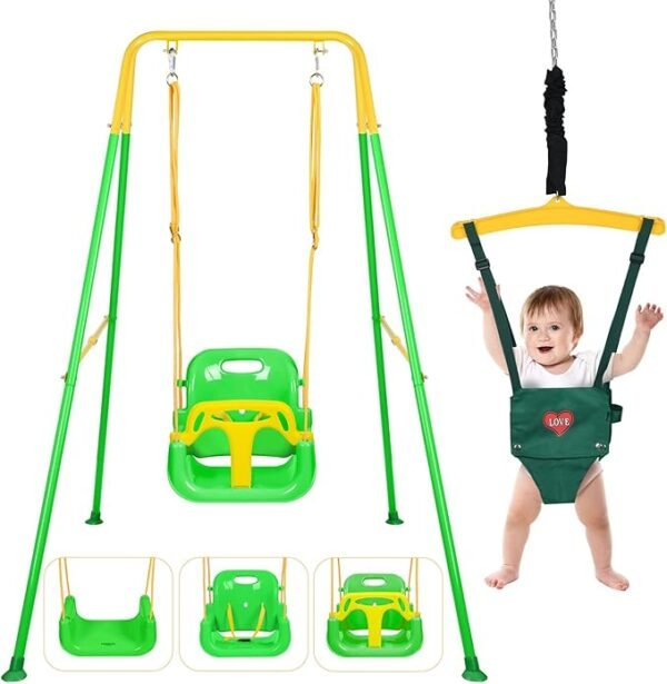 4-in-1 Toddler Swing Set – Baby Jumper & Bouncer with Foldable Metal Stand, Heavy Duty, Green