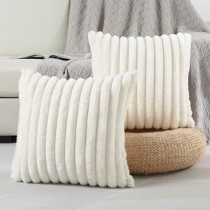 18x18 Cream White Pillow Covers – Set of 2, Faux Fur & Velvet, Modern Cozy Decor