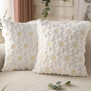18x18 Spring Pillow Covers – Set of 2 Yellow Sunflower Faux Fur Cushions for Sofa & Home Decor