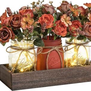 3-Piece Mason Jar Centerpiece Set – Orange Farmhouse Table Decor with Wood Tray & LED Lights