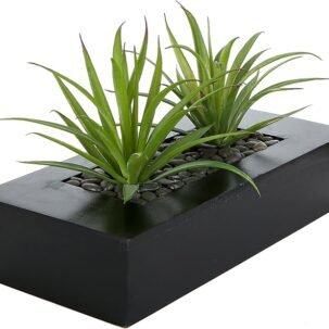 10" Faux Grass Plant – Black Wood Planter for Tabletop Decor