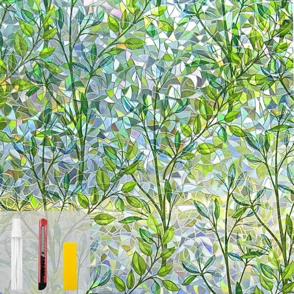 Leaf Rainbow Window Privacy Film – Stained Glass Look, Non-Adhesive, 17.5"x78.7"