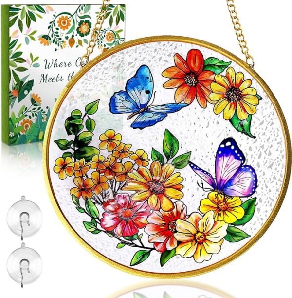 6" Stained Glass Suncatcher – Butterfly Flower Window Hanging with Gold Frame & Chain