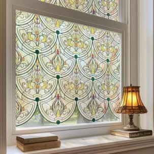 3D Stained Glass Window Film – Golden Ironwork, Privacy & Sun Blocking, 17.5"x47.2"