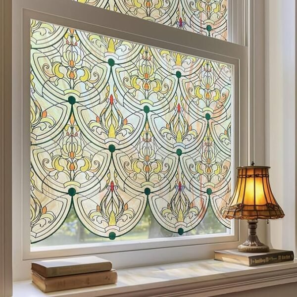 3D Stained Glass Window Film – Golden Ironwork, Privacy & Sun Blocking, 17.5"x47.2"