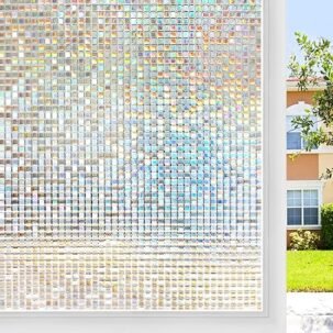 Stained Glass Window Film – Rainbow Mosaic, UV Blocking, Non-Adhesive, 17.5"x78.7"