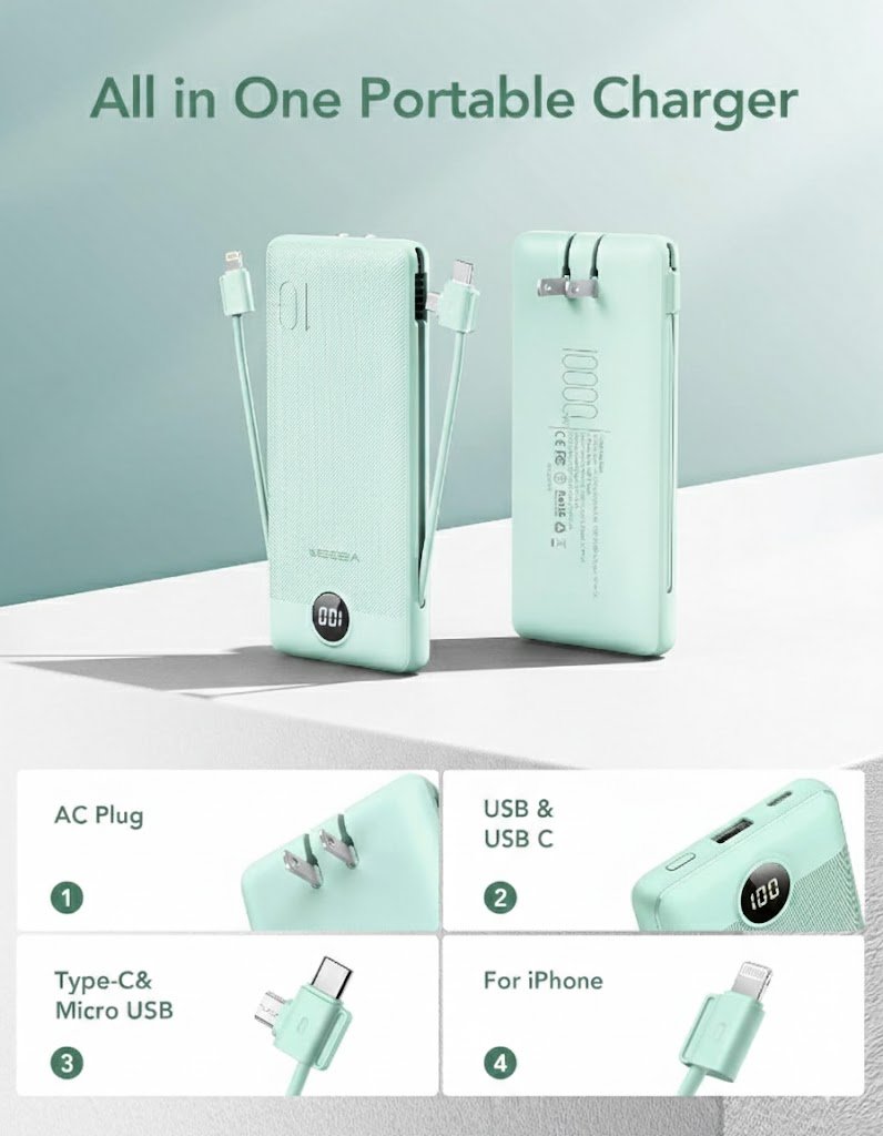 10000mAh Portable Power Bank Built-in AC Plug - Image 2