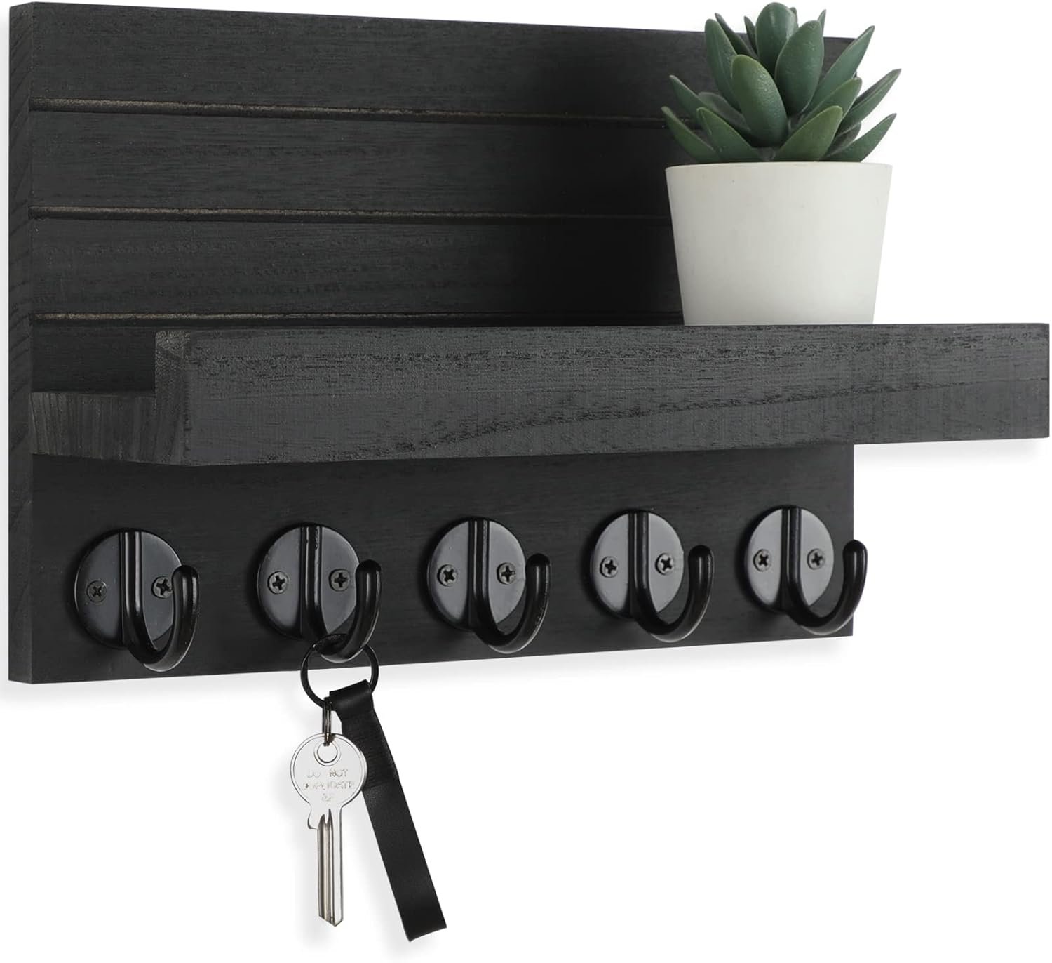 Wall Mounted Wood Key Holder and Mail Organizer with Shelf