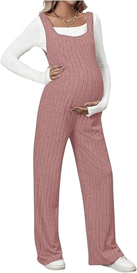 Sleeveless Rib Knitted Maternity Jumpsuit with Straight Leg Overalls Design