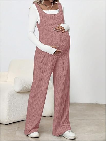 Sleeveless Rib Knitted Maternity Jumpsuit with Straight Leg Overalls Design - Image 4