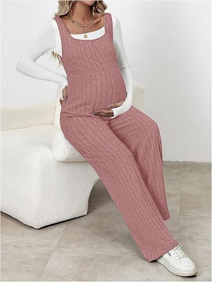Sleeveless Rib Knitted Maternity Jumpsuit with Straight Leg Overalls Design - Image 5