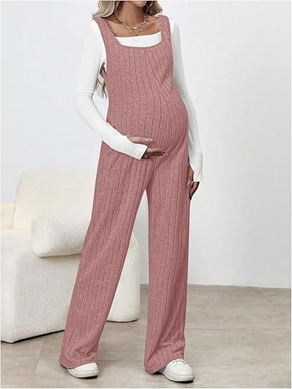Sleeveless Rib Knitted Maternity Jumpsuit with Straight Leg Overalls Design - Image 2