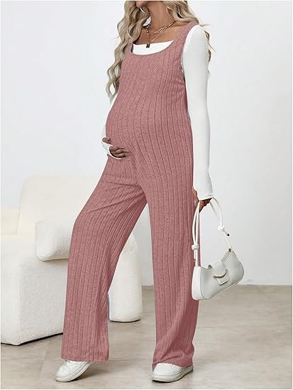 Sleeveless Rib Knitted Maternity Jumpsuit with Straight Leg Overalls Design - Image 3