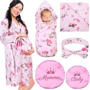5-Piece Mommy and Me Matching Hospital Robe and Swaddle Set