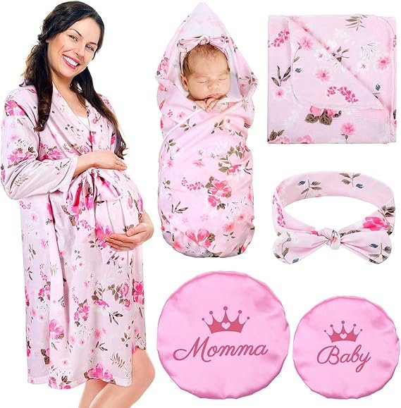 5-Piece Mommy and Me Matching Hospital Robe and Swaddle Set