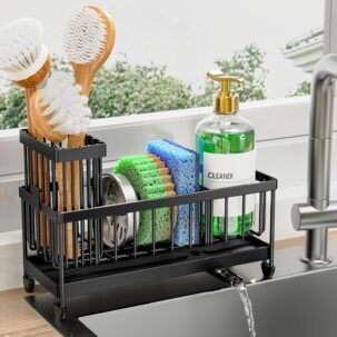 Black Stainless Steel Sink Caddy Organizer with High Brush Holder